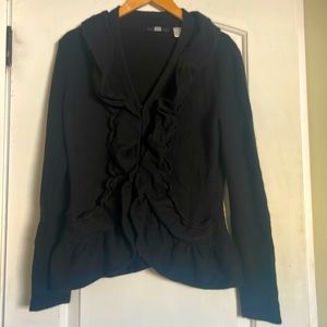 Saks Fifh Avenue black cashmere ruffle cardigan sz L